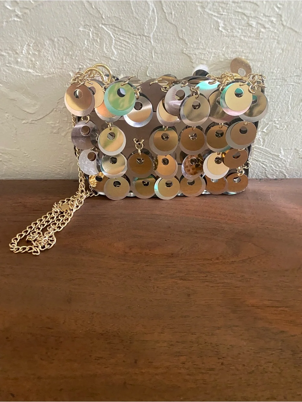 Gold Sequin Disc Crossbody with Chain Strap by Paco Rabane for H&M